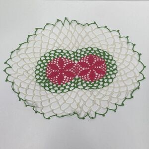 Vintage Handmade Crochet Doily Hot Pink and Green